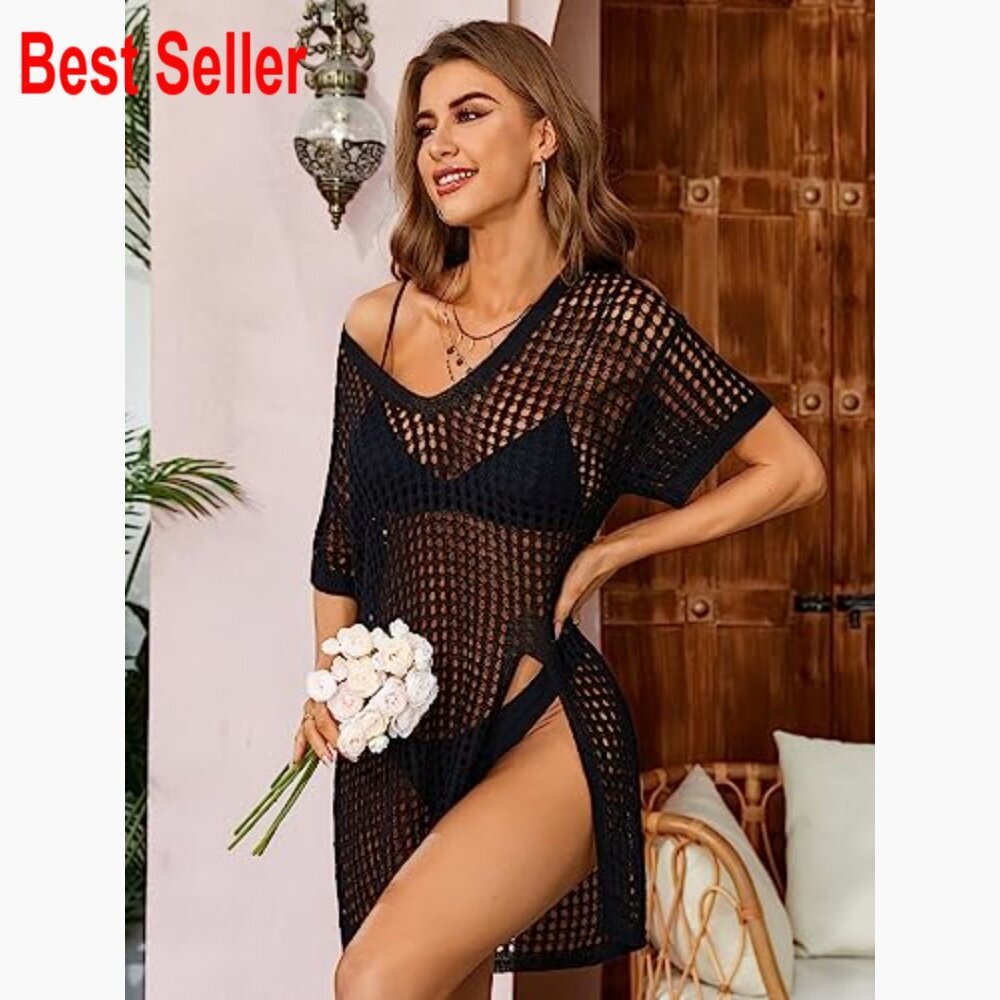 Crochet Mesh Swim Cover Up with Side Split V-Neck Short Sleeve - Picture 2 of 7